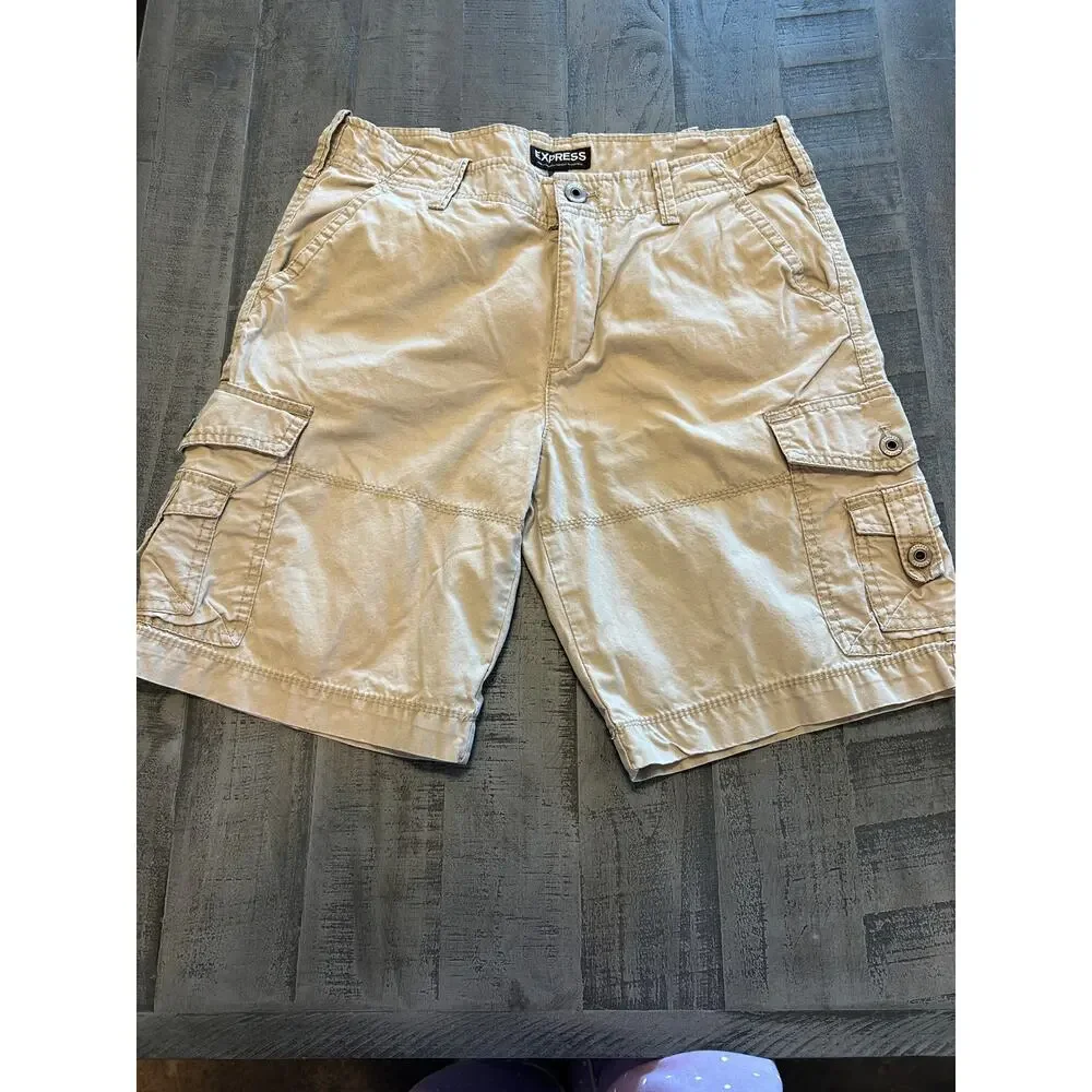 Express Mens 30 Utility Khaki Cargo Shorts Tan Heavy Duty Cotton Gorpcore EUC